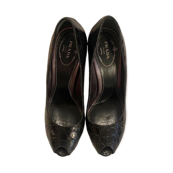 PRADA Croc Embossed Peep Toe Heels, Size 7 - Picture 5 of 7
